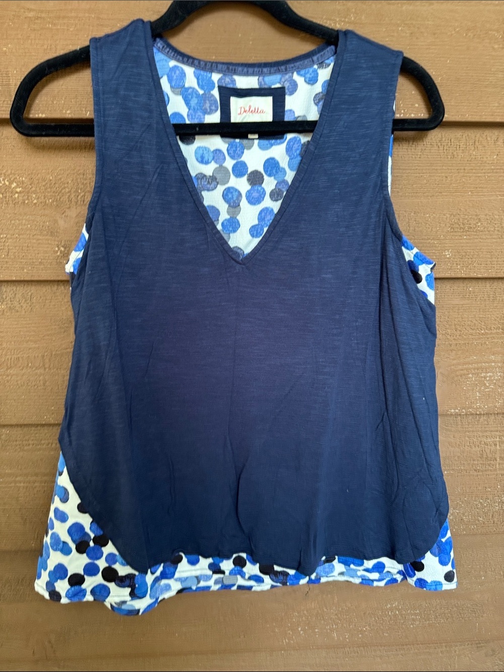 Deletta Anthropologie Navy Tank with Blue Polka Dot Underlayer size Small
